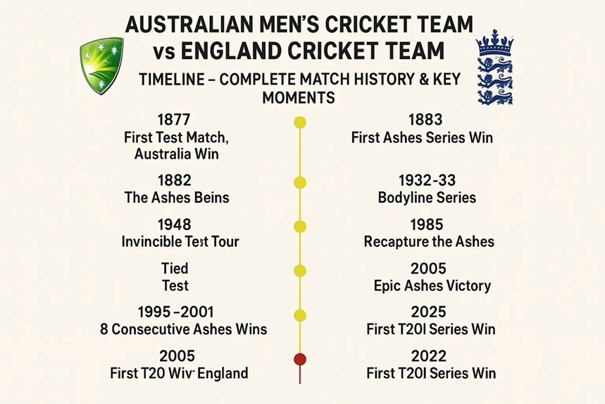 australian men’s cricket team vs england cricket team timeline